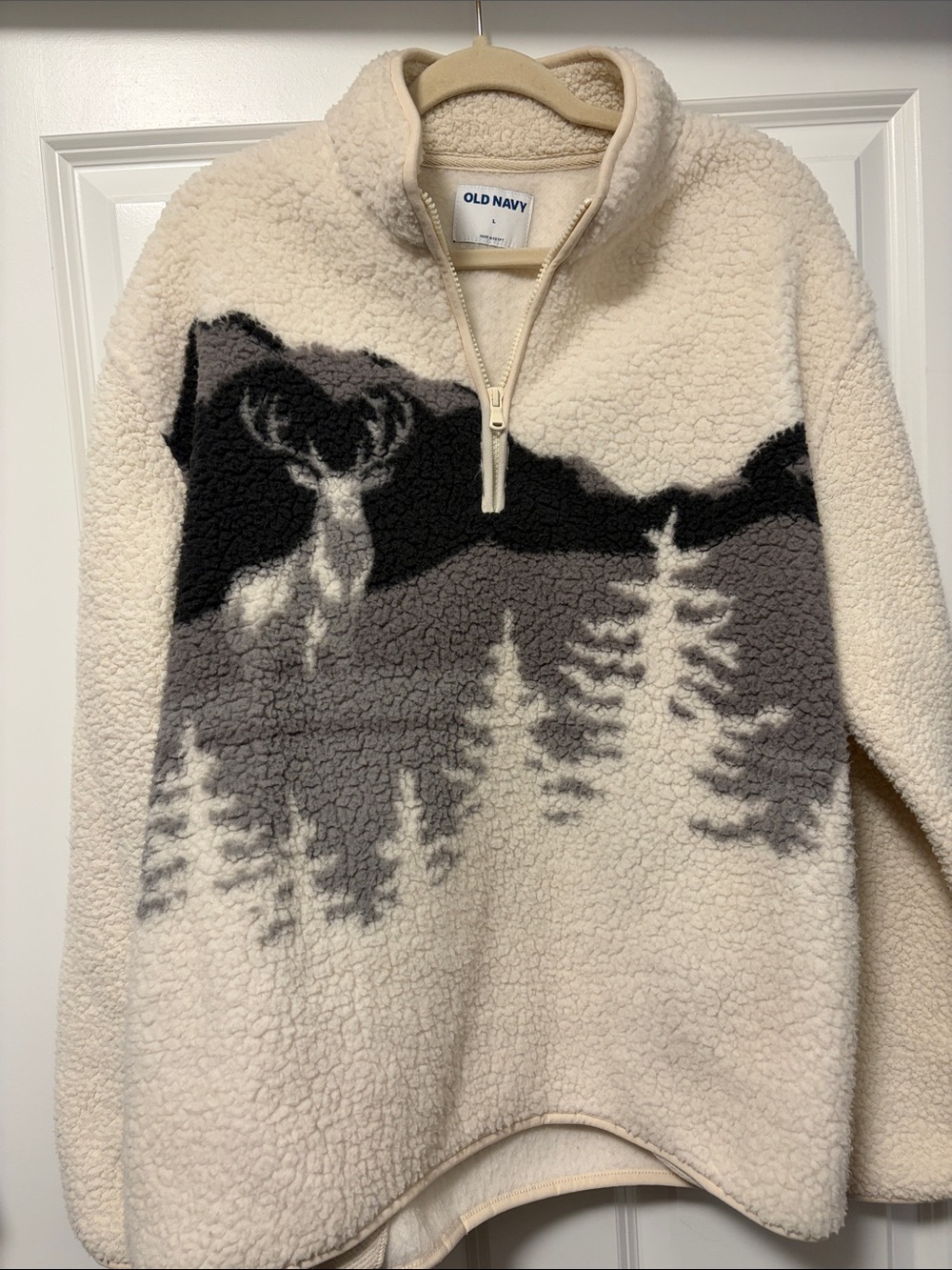 Old Navy Cream Sherpa Half-Zip Pullover with Mountain & Deer Scene